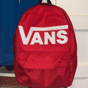 Red vans bookbag with white letters